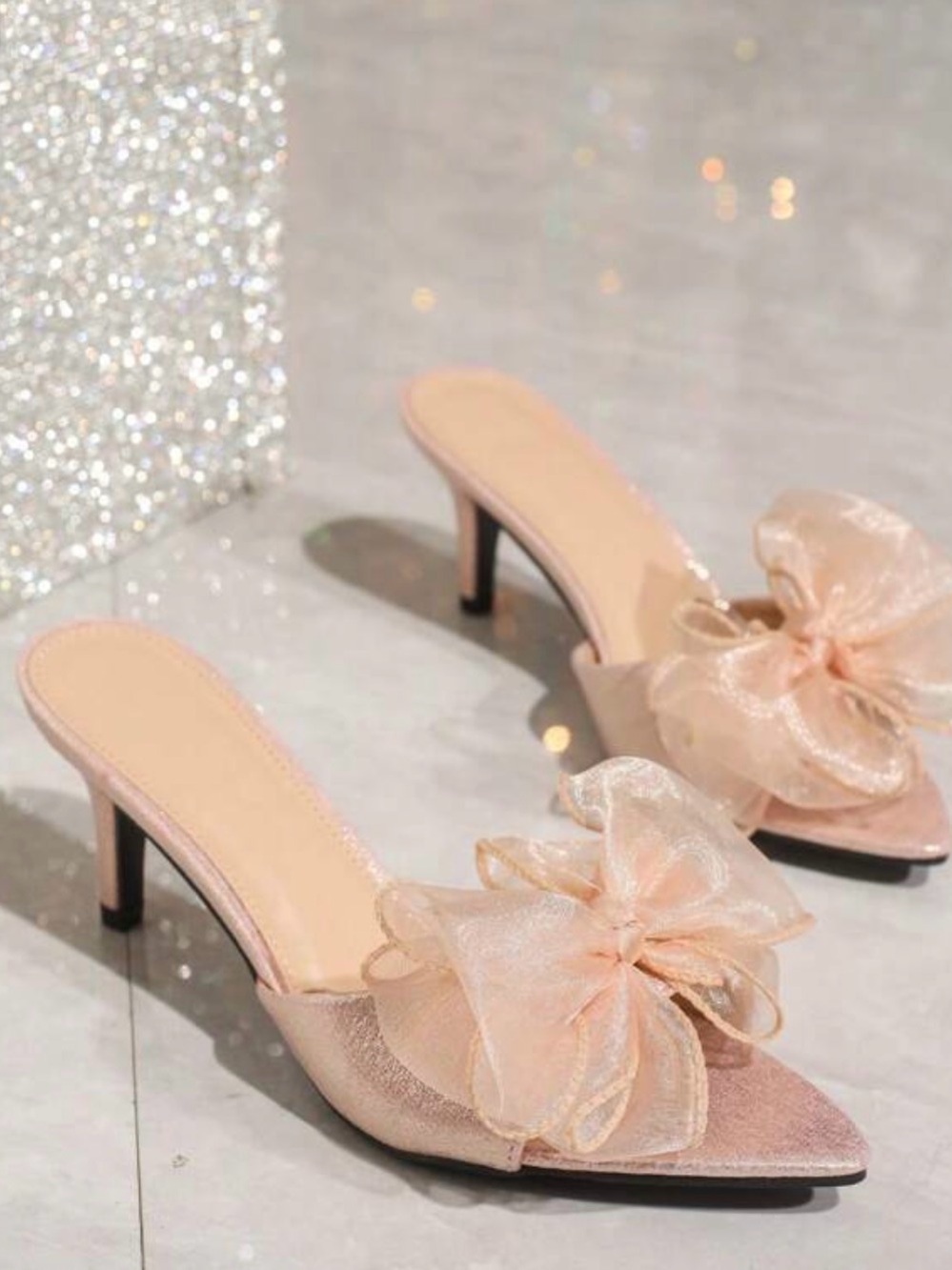 Sheer Bow Slide Mules in Blush Pink